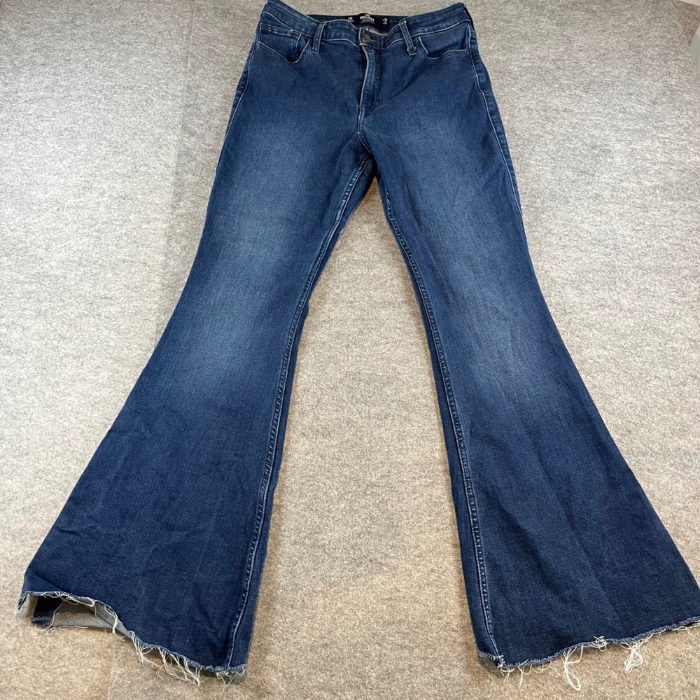 Hollister Womens High Rise Flare Jeans Dark Blue Boho Retro 11R W30 L31 Raw Hem‎